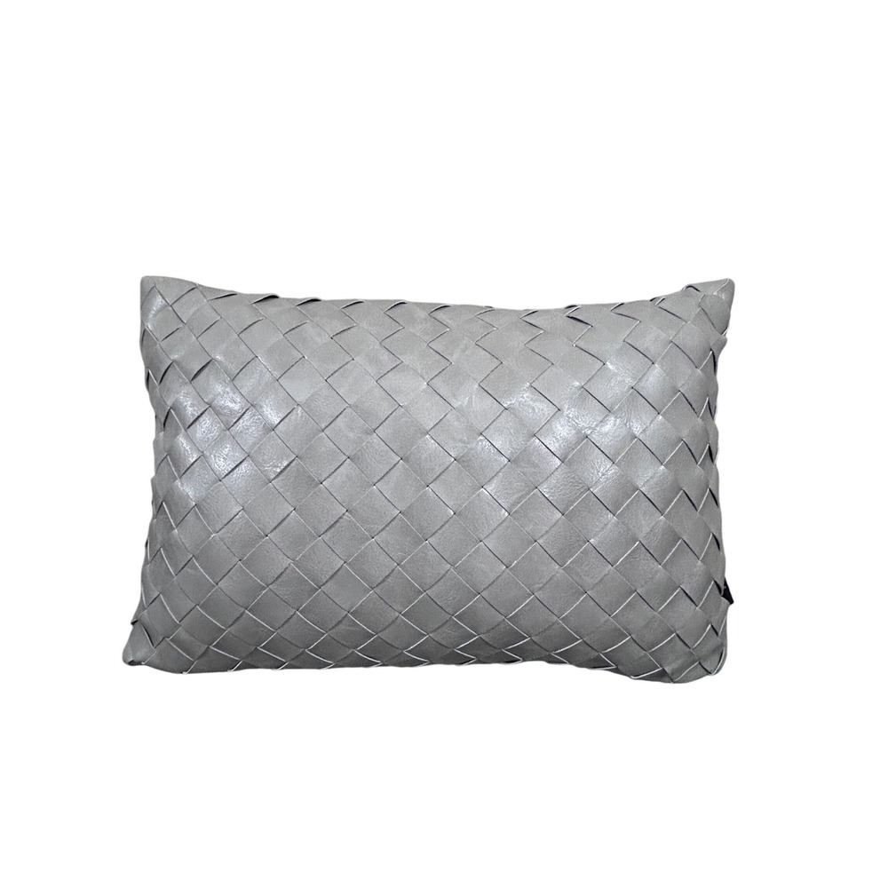 Frye Woven Leather Pillow Lumbar Accent Throw Pillow‎ Gray 19" x 12"